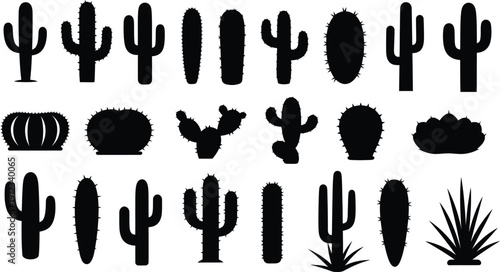 Desert cactus silhouette set isolated on white background featuring various cactus shapes agave and succulent plants in flat vector illustration, concept of arid landscape nature and southwest design