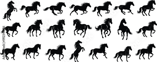 Black horse silhouette set in motion isolated on white background featuring multiple running galloping and rearing horse poses in side view vector illustration, concept of speed power freedom