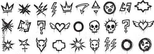 Black silhouette doodle icon set with crown skull heart lightning and star symbols isolated on white background, hand drawn tattoo style vector collection, concept of edgy art and graphic design
