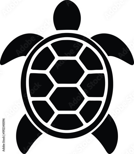 Minimal sea turtle silhouette vector in top view perspective. Clean black marine animal icon with detailed shell pattern, isolated on transparent background. Perfect for logo design, ocean branding