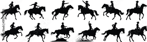 Collection of cowboy silhouettes riding horses in various action poses isolated on white background western vector illustration set