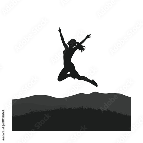 Silhouette of woman jumping in air over grassy hills during sunset