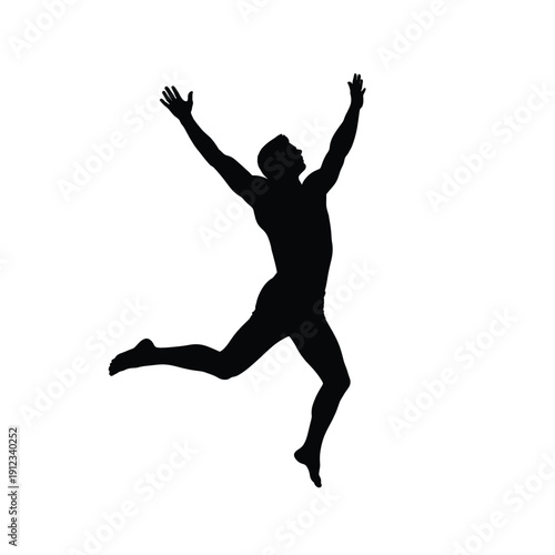 Silhouette of man jumping with arms raised, celebration, achievement, success, energetic