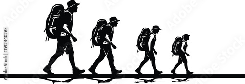 Hiker silhouette illustration, backpackers walking line, progression journey, reflection path, outdoor adventure, exploration lifestyle, camping gear theme - flat vector illustration