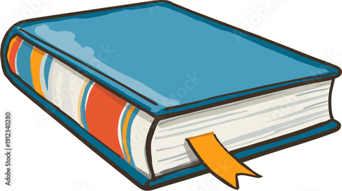 A cartoon depiction of a closed book with a blue cover, colorful spine, and an orange bookmark