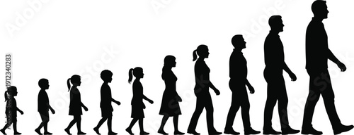 Human life cycle silhouettes, child to adult growth, aging progression icons, development stages artwork, timeline design elements - flat vector illustration