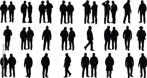 Men silhouette set, standing, walking, talking, casual attire, hats, caps, human posture, interaction, group dynamics theme - flat vector illustration