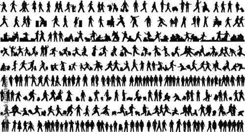 Human figure silhouette set, walking, standing, interacting, carrying bags, pushing carts, dynamic postures, everyday activity theme - flat vector illustration
