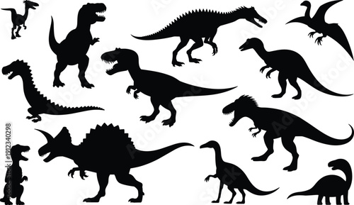 Collection of dinosaur silhouettes including T-Rex, Triceratops, Stegosaurus and Pterodactyl isolated on white background, prehistoric reptile vector illustration set for design use
