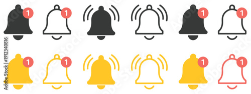 Notification bells icon, ringing bell with new notification, alarm clock and smartphone application alert, new message symbol, shaking bell for alert, editable vector illustrations, flat and line 