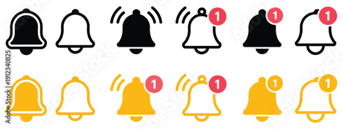 Ringing notification bell icons, alarm and smartphone alert symbols, new message and reminder illustrations, shaking bell to notify, editable vector set, flat and stroke style, modern notification and