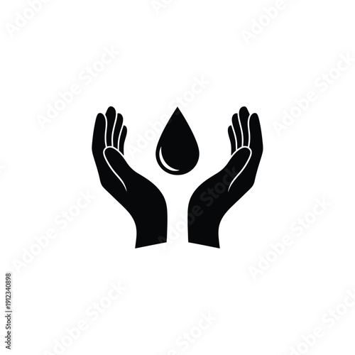 Two cupped hands holding a water drop, water conservation and care concept
