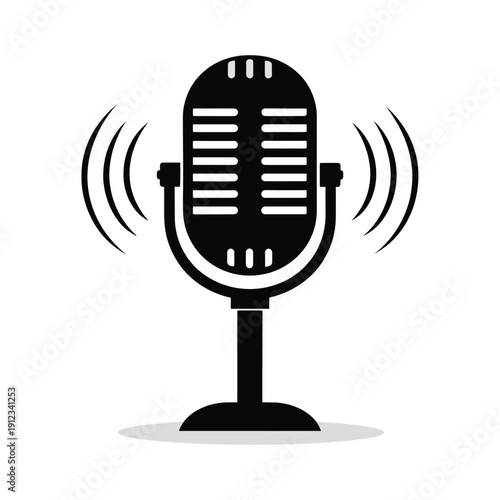 Vintage microphone broadcasting sound waves, retro podcasting equipment, audio recording concept