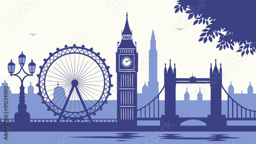London skyline silhouette art suitable for travel brochures, posters, website banners, advertising materials, and citythemed design projects. Great for promotional content.