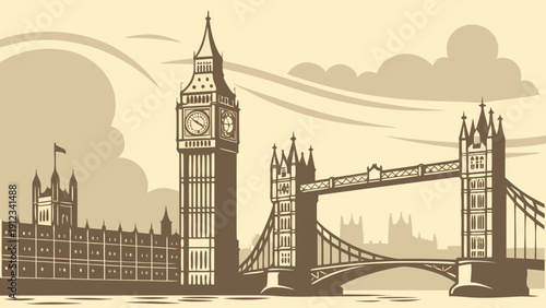 London skyline features iconic landmarks big ben and tower bridge in a stunning cityscape. Ideal for travel websites and advertisements.