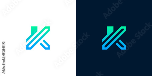 Modern abstract letter K logo design with gradient effect and sleek lines, displayed on white and dark backgrounds