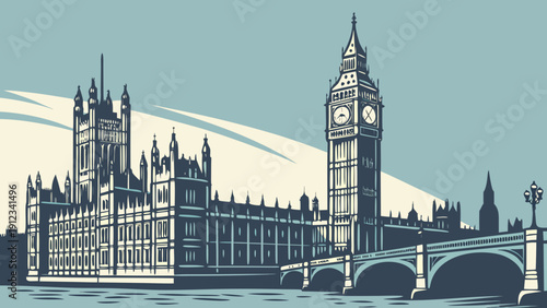 London skyline showcasing houses of parliament and big ben. Perfect for travel brochures, website banners, and citythemed designs.
