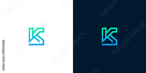 Modern minimalist letter K logo design in blue and green gradient on white and dark backgrounds