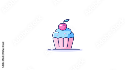 A cartoon cupcake with blue frosting, a cherry on top, pink wrapper on white background