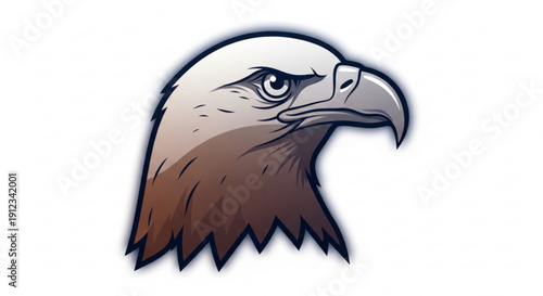 Brown and white eagle head illustration with sharp gaze on white background