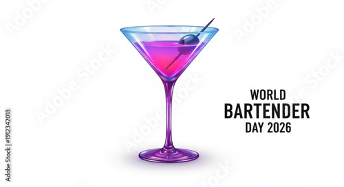 Vibrant purple cocktail glass with blue rim and cherry garnish for world bartender day
