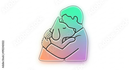 Man hugging dog in gradient colors on white background