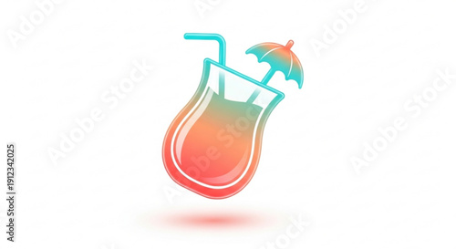 Colorful cocktail glass with umbrella and straw on white