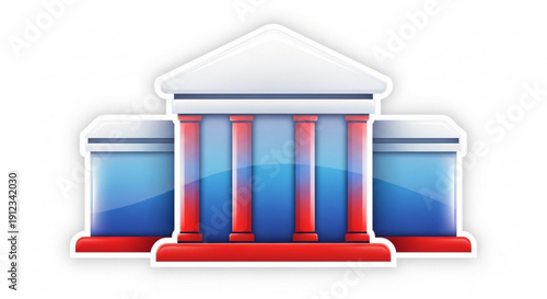Illustration of a blue and red bank building with columns
