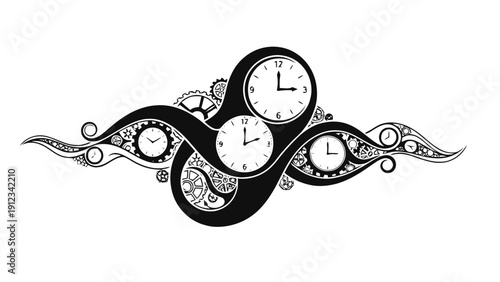 Vector illustration of steampunk style decorative element with multiple clocks and gears, black and white illustration on a transparent background