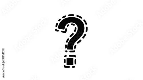 Vector illustration of black and white question mark icon with dashed outline, on a transparent background