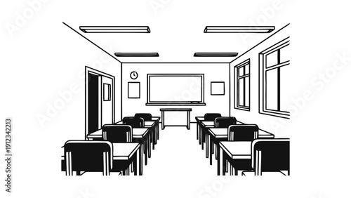 Vector illustration of empty classroom interior with desks, chairs, whiteboard, and fluorescent lights in black and white line art style on a transparent background