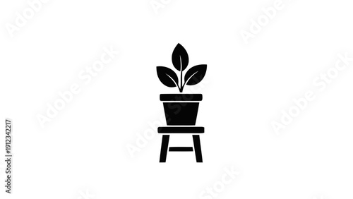 Vector illustration of simple black and white icon of a potted plant sitting on a small stool, on a transparent background