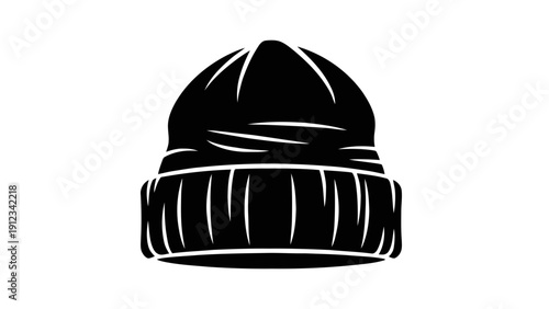 Vector illustration of black and white graphic icon of a knitted beanie hat, on a transparent background