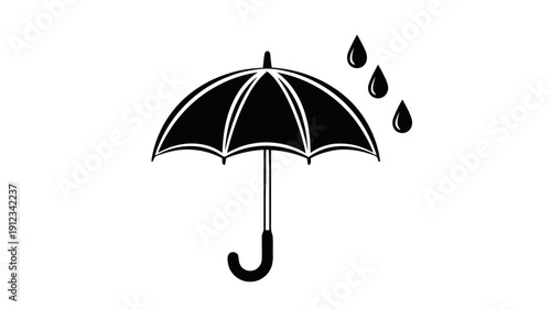 Vector illustration of black and white icon of an open umbrella with three raindrops falling, simple graphic design for protection and weather on a transparent background