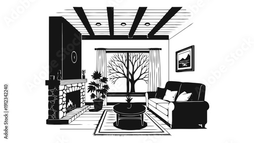 Vector illustration of cozy living room interior with stone fireplace, large window showing a bare tree, comfortable sofa, coffee table, and potted plant on a transparent background