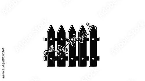 Vector illustration of black silhouette of a picket fence with climbing vine and leaves, on a transparent background