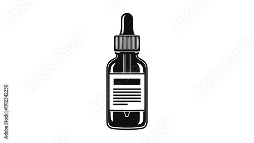 Vector illustration of black and white illustration of a dropper bottle, often used for essential oils, serums, or tinctures, a on a transparent background