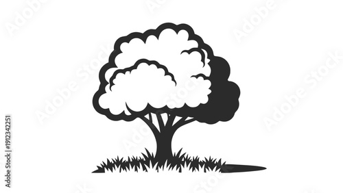 Vector illustration of stylized silhouette of a deciduous tree with lush foliage and grass at the base, on a transparent background