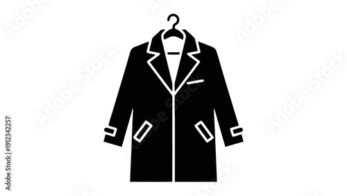Vector illustration of black silhouette icon of a trench coat or overcoat hanging on a clothes hanger, simple vector graphic design, on a transparent background
