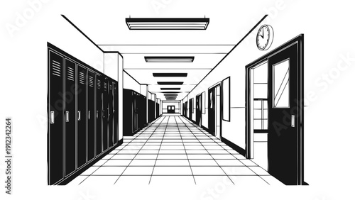 Vector illustration of perspective view of a long, empty school hallway with lockers and fluorescent lights, black and white line art illustration on a transparent background