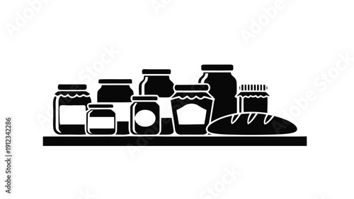 Vector illustration of collection of jars and bread loaf on a shelf, black and white icon style on a transparent background