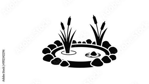 Vector illustration of black and white icon of a small garden pond with cattails and rocks on a transparent background