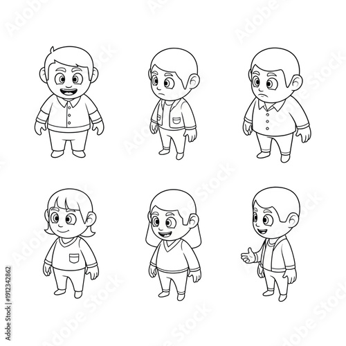 Line drawing of six cartoon children in various poses and outfits on a white background with a playful mood.