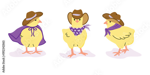 Funny cowboy chicks print set. Cartoon birds in hats, cloak and scarves. Cute characters isolated on a white background. Yellow, brown and lilac colors. Vector illustrations for use in card, stickers.