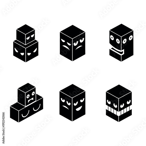 A set of six black and white cube characters with different facial expressions on a plain white background, arranged in two rows.