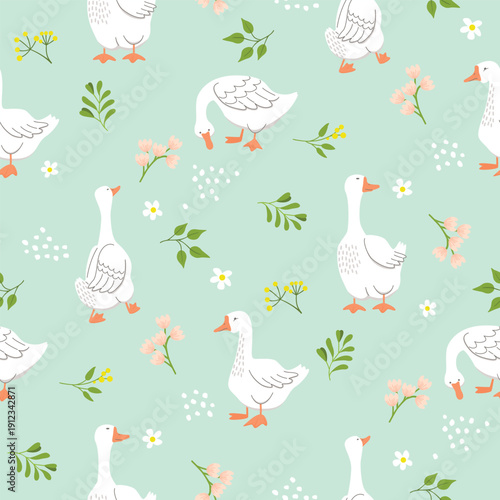 Geese in the meadow seamless pattern. White colors birds on pastel blue background with botanical elements in green, yellow, pink. Vector hand drawn print on fabric and paper. Spring, summer season.