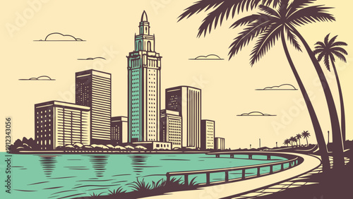 Miami skyline framed by palm trees and water with a pathway offering a scenic view of the iconic cityscape. Suitable for travel and tourism designs.