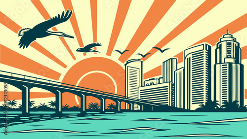 Miami skyline coastal city view with bridge, birds, sun, and stunning skyline. Ideal for travel brochures, city guides, websites, and presentations.