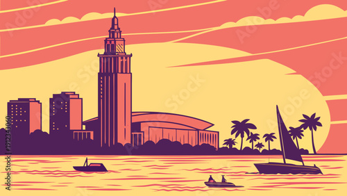 Miami skyline with boatfilled scene, reminiscent of clevelands waterfront, suitable for travel websites, cityscape posters, and tourism brochures.