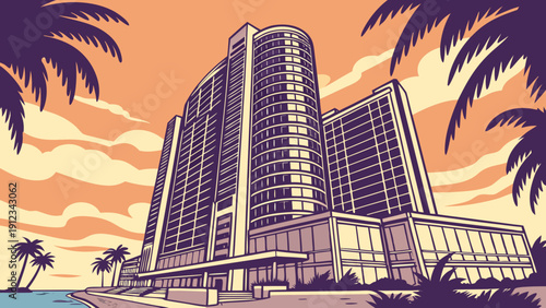 Miami beachfront hotel with skyline backdrop and palm trees, ideal for travel, tourism, hospitality, or vacationthemed designs and projects.